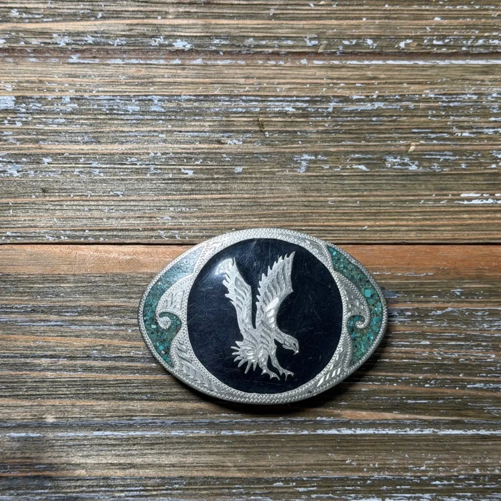 Vintage Western Eagle Belt Buckle Turquoise Chip Inlay Black Onyx Style Oval